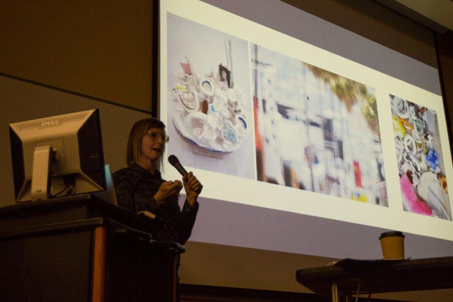 Rebecca Bollinger lectures at the closing of Santa Barbara City Colleges Artist lecture series, Friday Nov. 21. The time-based and ceramics artist continues to grow everywhere she goes. “I love going to people’s studios, there’s so much information there,” Bollinger said.