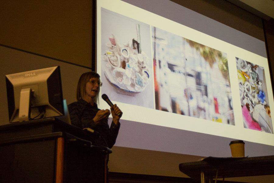 Rebecca Bollinger lectures at the closing of Santa Barbara City College's "Artist lecture series," Friday Nov. 21. The time-based and ceramics artist continues to grow everywhere she goes. “I love going to people’s studios, there’s so much information there,” Bollinger said.
