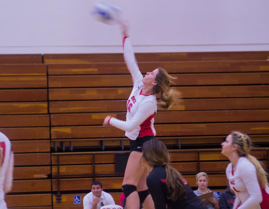 Vaqueros defensive specialist Tristen Thompson (No. 16) returns a volley headed her way during the first set, scoring a point for her team as her opponents from Cuesta narrowly miss the return. City College walked away with a 3-0 victory in their final home game of the season on Wednesday night Nov. 19