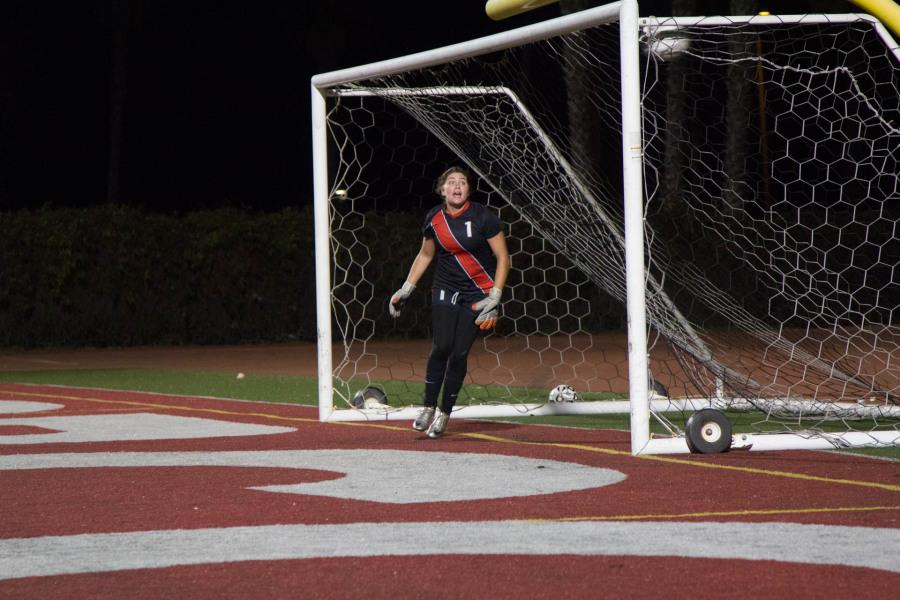 Vaquero goalkeeper Kasey Jensen (No. 1) watches the game-winning goal slip in the net to close out the season against the Rio Hondo College Roadrunners in a shootout Saturday, Nov. 22 at La Playa Stadium in Santa Barbara. City College lost in the first round of state playoffs 5-4.