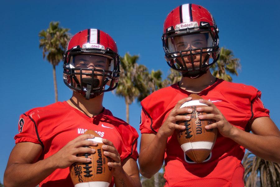 City College quarterback Brandon Edwards (right) and running back Cedric Cooper at Leadbetter Beach, Wednesday, Nov. 5, in Santa Barbara, Calif. The two athletes traveled from Seattle, Wash. to Santa Barbara to attend City College and have helped lead the team to seven consecutive wins and its first bowl game birth in 18 years.