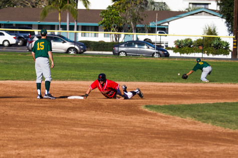 Derek Rustich (No. 44) slides into second base after hitting a double, Saturday, Jan. 31, at Pershing Park in Santa Barbara. The Vaqueros went on to win this game to close out the two-day series, winning all three games versus Napa.