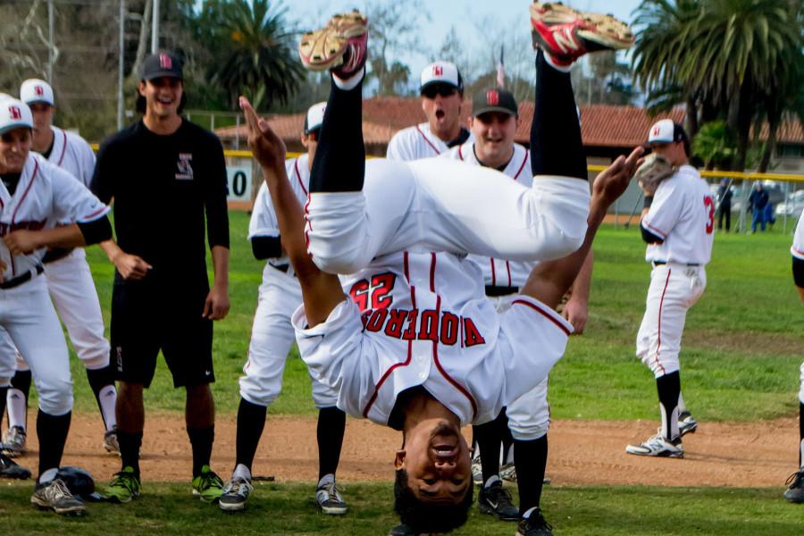 Vaquero’s outfielder Cameron Jones (No. 25) performs his pre-game ritual of doing backflips to get the team pumped up before the game, Friday, Jan. 29, at Pershing Park in Santa Barbara. City College took the field by storm with a 16-3 victory over competitors Napa Valley in their first home opener of the season.