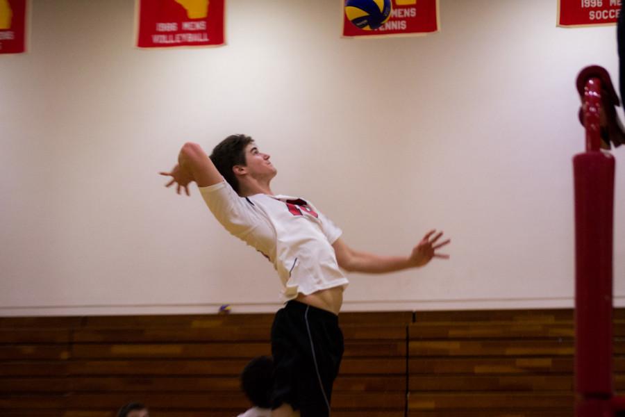 City College outside hitter Taylor McCluskey (No. 4) returns a volley headed his way during the second set scoring a point against Palomar, Friday, Feb. 6, in the City College Sports Pavilion. The Vaqueros walked away with a 3-1 victory in their first home game of the season.