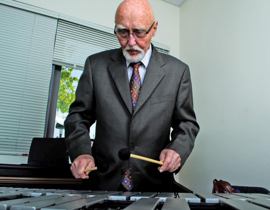 Dr. Charles Wood, a part-time jazz teacher for City College, is captured playing the Vibraphone, an instrument he claims to have mastered in under two years, Wednesday, Feb. 20, in a practice room in the Drama and Music Building on West Campus. Wood has been playing instruments and teaching musical arts for over 50 years.