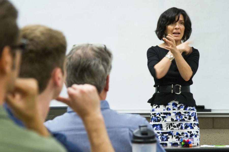 Julie Samson leads the Enterprise Launch class on Thursday, Feb. 12, in the Inter-Disciplinary Center at City College. The class helps students develop their business ideas and guide them through the processes of production and sales.