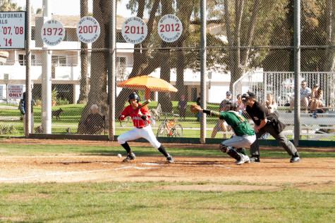 Vaquero Payton Milone (No. 8) hits a bunt down the third base line during the second game in a series of three versus Napa Valley, Saturday morning, Jan. 31 at Pershing Park, in Santa Barbara. "That's literally all day," Milone's teammates cheer as he runs to first base, though no runs were scored this inning.