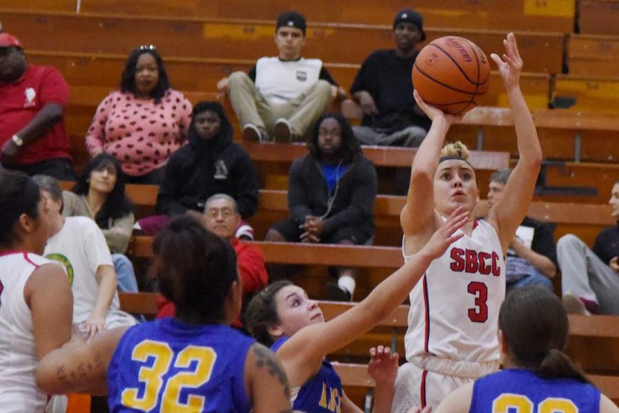 City College guard Mizhra Bautista (No. 3) makes a basket early in the second half while playing against Allan Hancock College, Wednesday, Feb. 18, in the Santa Barbara Sports Pavilion. City College beat Hancock 61-53 in its final home game of the season.