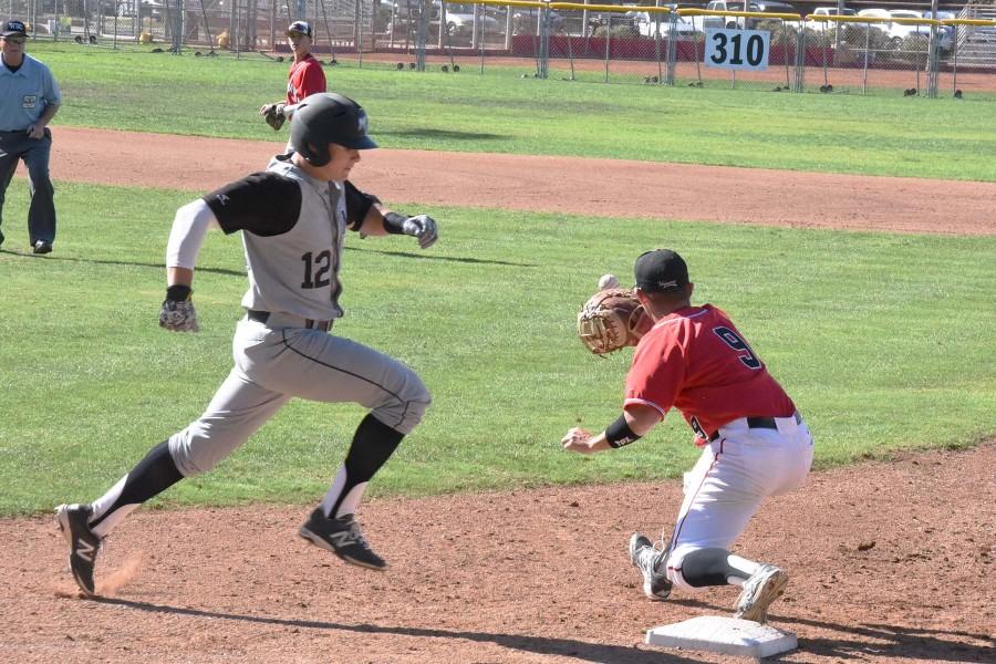 Garrett Serino (No. 12) of Moorpark College is thrown out by Santa Barbara City College shortstop Matthew Henderson (No. 6) to first baseman James Brakka (No.9), ending the inning on Saturday, Feb. 14, 2015, at Pershing Park in Santa Barbara, Calif. The Vaqueros went on to win 8-3.