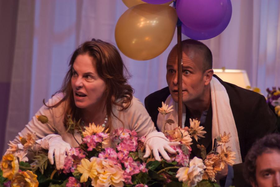 Stephanie Erb as Irene, and Matt Cooper as Tyler who plays her husband in the City College rendition of Moss Hart’s, ‘Light Up the Sky,’ a production put on by the Theater Group, are pictured during a stage rehearsal on Thursday, Feb. 26, 2015 in the Garvin Theater. The play, directed by Michael Gros will raise its curtains on Wednesday, March 4. 
