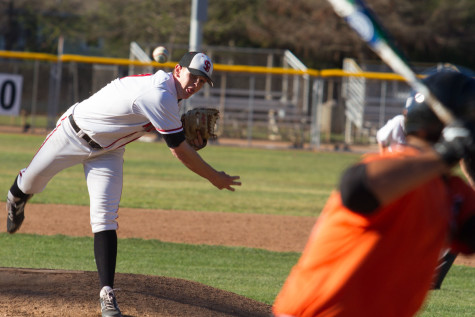City College right-handed pitcher Kit Larson (No.18) throws a fast ball in the second inning at a home match against Ventura College, Thursday, March 12, at Pershing Park in Santa Barbara. The Vaqueros led the second inning 2-0 and finished the inning with five runs brining the score to 5-0 and ended the game with an overall score of 12-1. The next home game will take place Saturday, March 14.