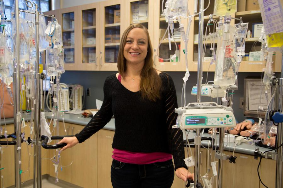 Nursing Department Professor Sarah Orr, RN, MSN, on Thursday, March 5, in the Nursing Skills Lab on East Campus at City College. ‘My favorite part of my job is watching the students grow into competent nurses,’ says Orr.