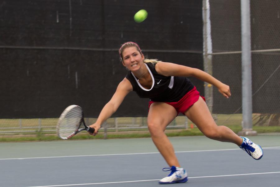 Freshman Marcela Massaglia gains a point to win the set, Tuesday, March 10, at Pershing Park in Santa Barbara. Massaglia won her single’s matches 6-1, 6-2 and the Vaqueros came out ahead 5-4 to defeat Santa Monica College.