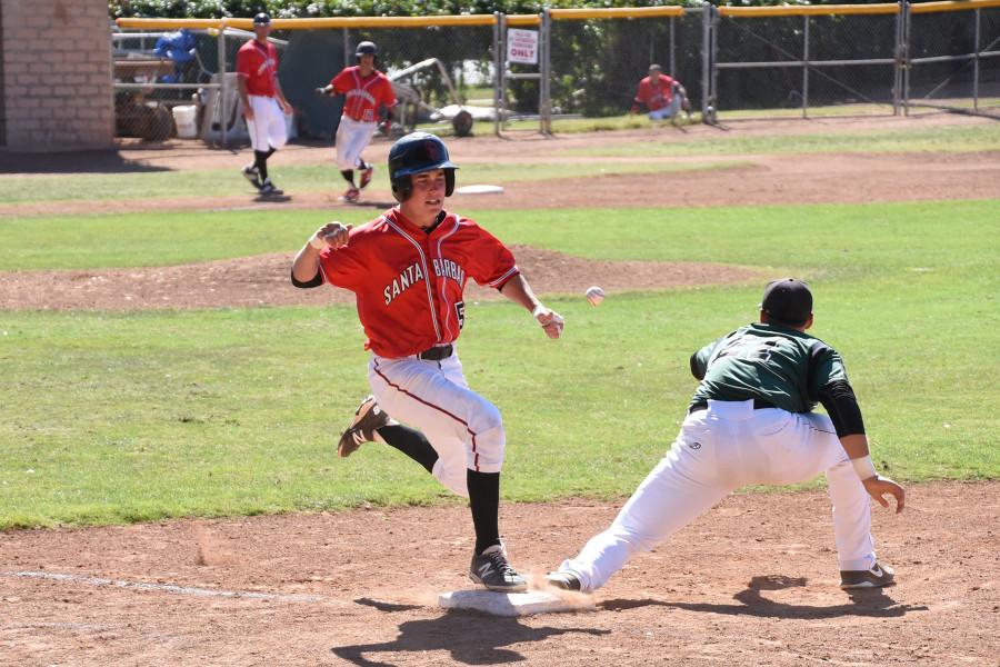 Spencer Erdman, (no. 5), beats out the throw to Cuesta College first baseman Kyle Raubinger, (no. 21), after a bunt down the third base line during the fourth inning at Pershing Park on Friday, March 27, 2015, in Santa Barbara, Calif. The Vaqueros scored 6 runs on four hits in the fourth inning.
