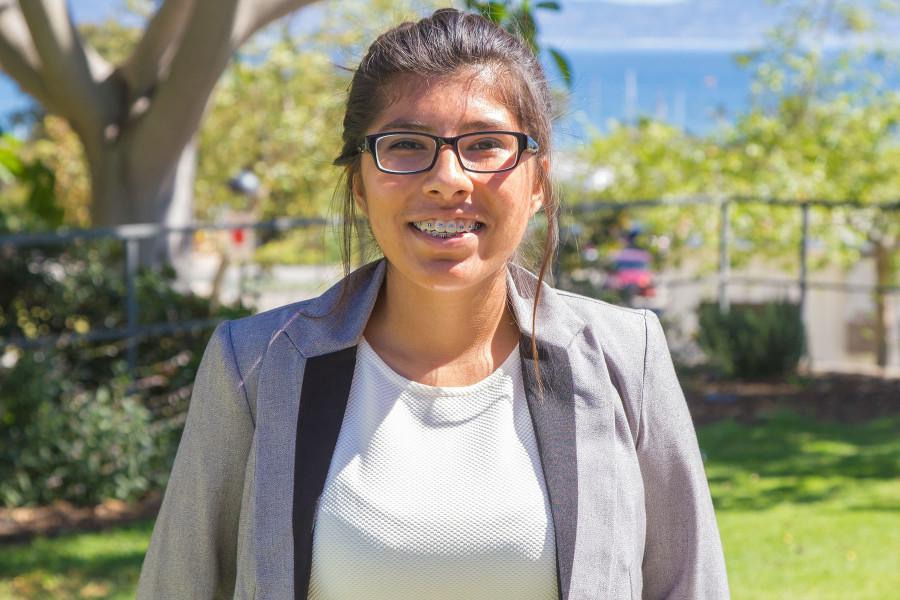 Running for Student Advocate is Maggie Cabrera, a second-year sociology major and president for the Hands 4 Others club, Friday, March 13, on City College’s East Campus in Santa Barbara. “I want to build community here, because I feel it’s important to be inclusive,” says Cabrera.