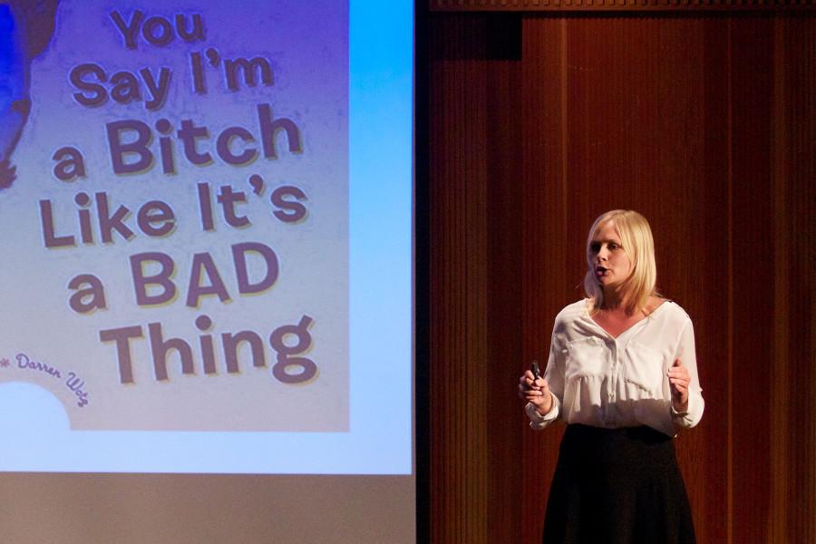 Caroline Guldbrandsen delivers her speech about re-appropriating the word ‘bitch,’ Friday, April 24, at the 30th Annual Lancaster Publc Speaking Tournament in the Fé Bland Forum at City College. Guldbrandsen won the competition to claim the first place prize of $1000.