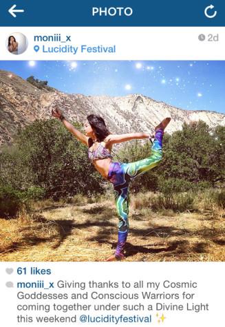 City College student Monica Davis, 20, posts an Instagram picture taken of her wearing leggings designed by art student Marty Leyhe, the weekend of April 10, at Live Oak Campground in the mountains of Santa Barbara County. 'Humans are walking pieces of art,' says Davis. 'Why fit in when you can stand out?' Photo Courtesy of Monica Davis.