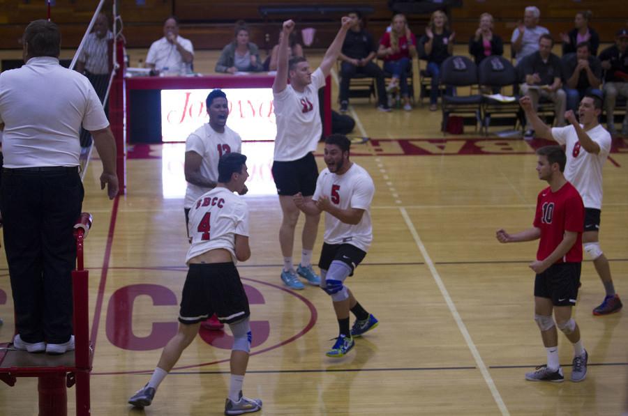 The City College men's volleyball team celebrates after a victory against Moorpark College on Wednesday, April, 8, in the Sports Pavilion in Santa Barbara. The Vaqueros will play Long Beach City College for a spot in the playoffs at 6 p.m. on Friday, April 10, 2015.