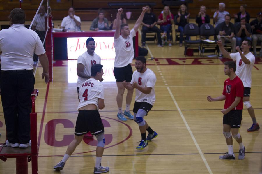 The City College mens volleyball team celebrates after a victory against Moorpark College on Wednesday, April, 8, in the Sports Pavilion in Santa Barbara. The Vaqueros will play Long Beach City College for a spot in the playoffs at 6 p.m. on Friday, April 10, 2015.