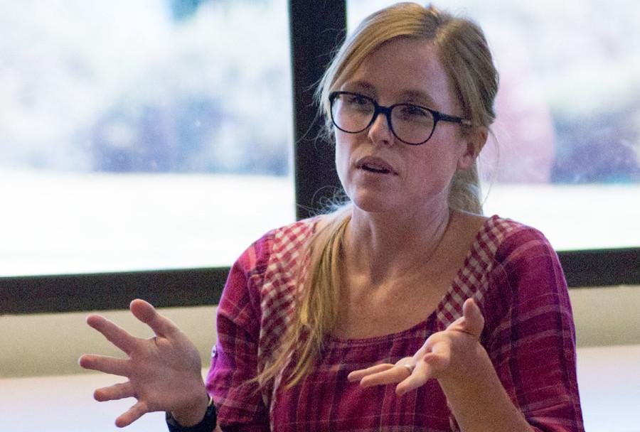 Geordie Armstrong, a professor in the Geology department at City College, speaks to students at the panel discussion ‘Prisons and Probation: Perceptions and Realities,’ Wednesday, April 8, in the Luria Library on West Campus. Armstrong is one of four women on the panel that spoke about experiences with the female prison system.