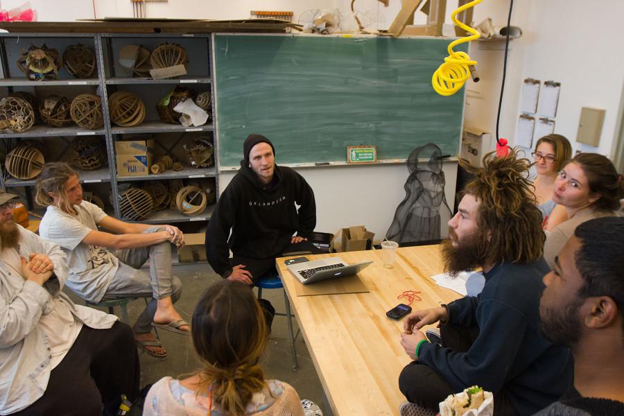 City College art students gather to discuss the uncertain future of the Atkinson Gallery, with student and gallery employee Journey Coward (center) on Tuesday, March 10, in the Humanities Building on East Campus.  The future gallery exhibits have been put on hiatus due to lack of funding.