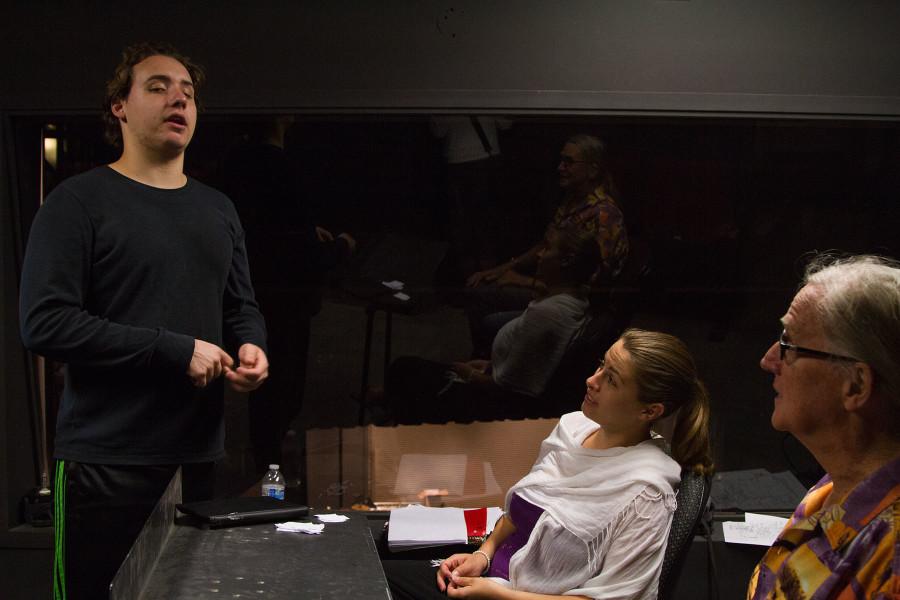 Advanced acting students (from left) Beau Jones, Britni Alleman, and Michael Thompson rehearse lines from The Philadelphia in preparation for their performance in the One Acts production, Monday, April 27, in a classroom above the Garvin Theatre on West Campus. One Acts premieres Monday, May 4, at 7 p.m., and runs nightly through Saturday, May 9, in the Jurkowitz Theatre on West Campus.