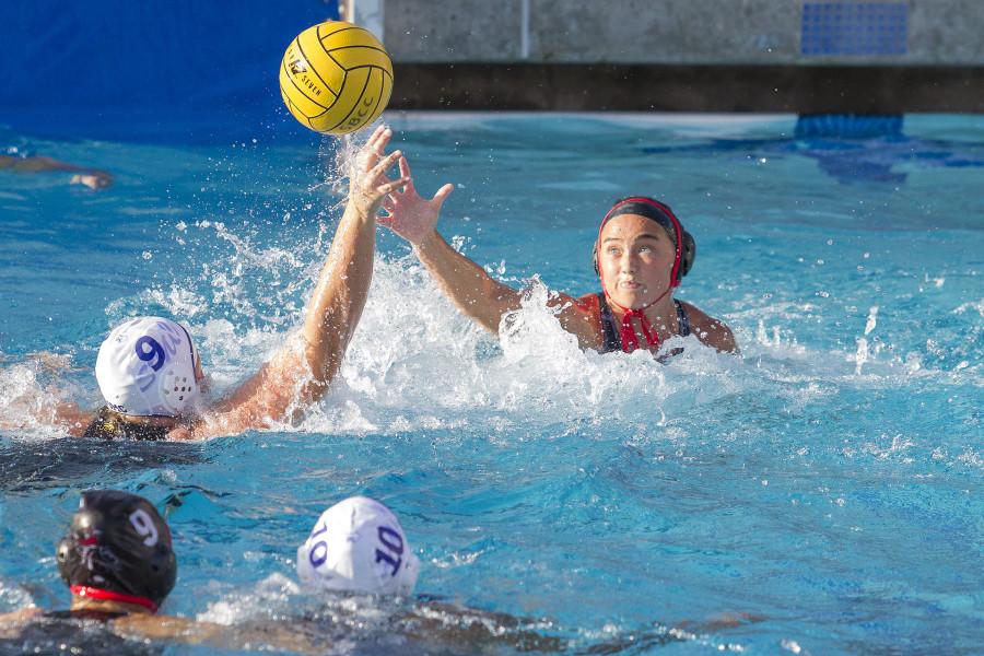 Attacker Allison Seale (No. 5) of Santa Barbara City College steals the ball from center Virginia Gustafson (No. 9) of Santa Monica Wednesday, afternoon, Sept. 23, 2015 at San Marcos High in Santa Barbara, Calif. She made five goals and three steals throughout the game helping City College beat Santa Monica 14-0.