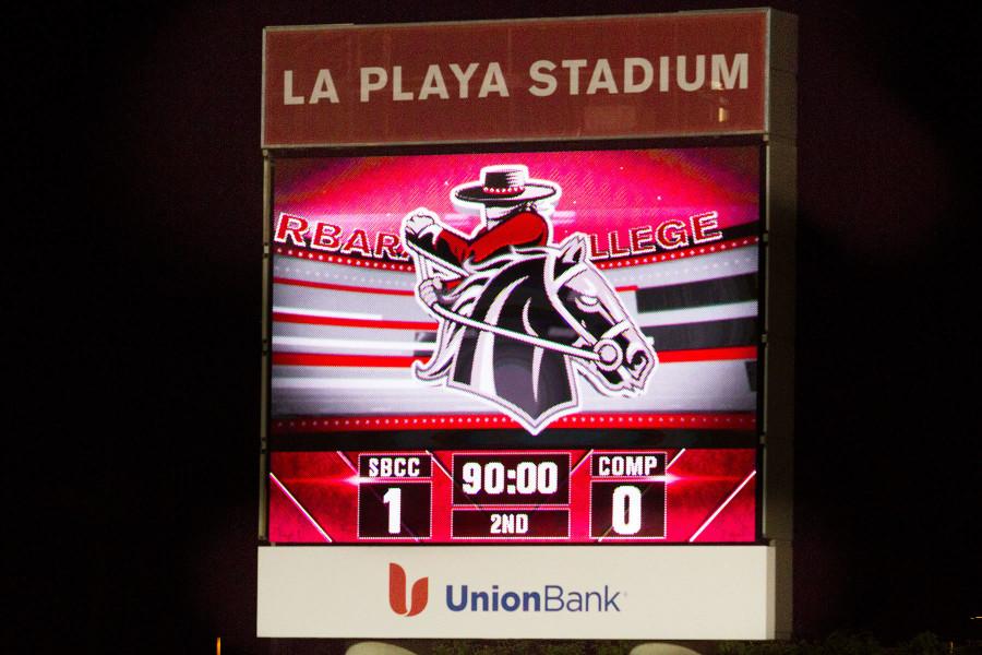 The new video scoreboard at La Playa Stadium, showing the score of a Vaquero mens soccer match Tuesday night, Sept. 8.