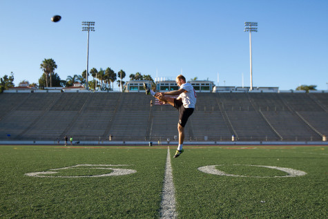 Vaquero’s punter Joel Whitford (No. 88) comes all the way from Neerim South, Australia, to play for the City College football team, Friday afternoon, Oct. 2, at La Playa Stadium in Santa Barbara. Whitford is ambidextrous and punts 10 to 15 yards less with his left foot in contrast with his right.