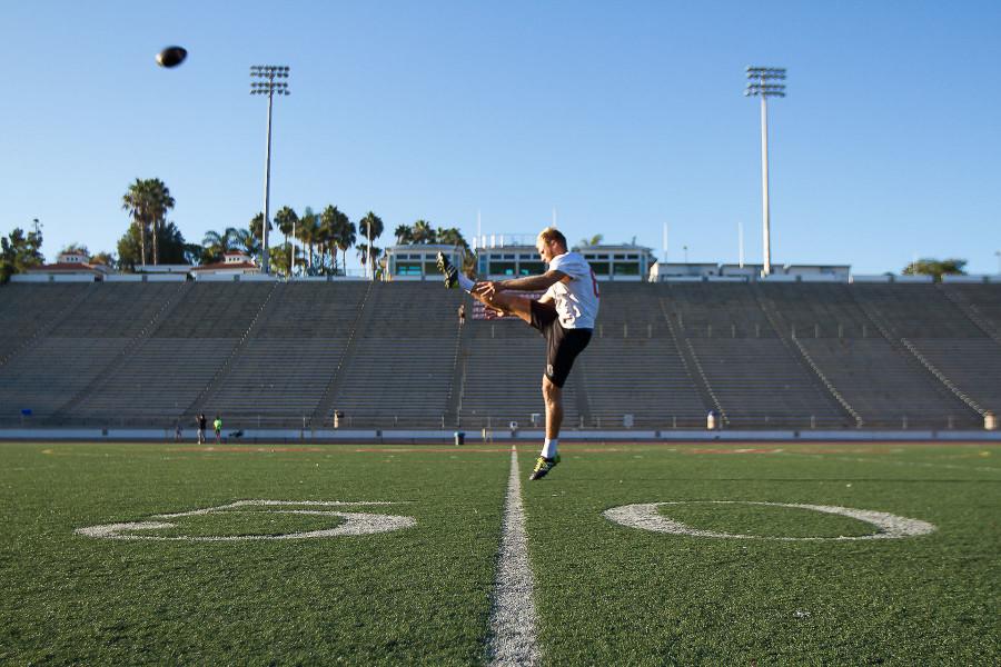 Vaquero’s punter Joel Whitford (No. 88) comes all the way from Neerim South, Australia, to play for the City College football team, Friday afternoon, Oct. 2, at La Playa Stadium in Santa Barbara. Whitford is ambidextrous and punts 10 to 15 yards less with his left foot in contrast with his right.