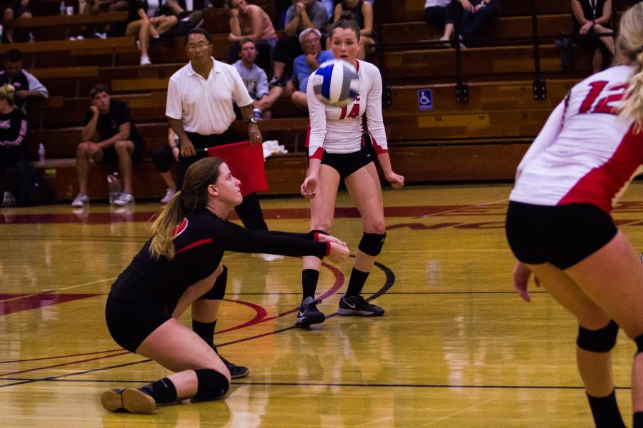 Vaqueros defensive specialist Tristen Thompson (No. 10) returns a volley during the thrid set scoring a point for the team bringing the score to 21-17 in a match against Peirce College on Wednesday, Oct. 7, 2015 in the Sports Pavilion on East Campus. City College played four close sets with scores of 18-25, 25-21, 26-24, 24-16 amounting to an overall 3-1, their next home game will take place on Friday, Oct 9 against Allan Hancock College.