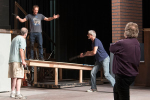 Under the eye of Director R. Michael Gros, right, student actors from left: George Coe, Jon Koons, Josh Hershfield, and Robert Demetriou, playing Dr. Mortimer, Dr. Watson, Sir Henry Baskerville, and Mr. Frankland, respectively, rehearsing their roles during fight night for ‘The Hound of Baskervilles,’ Oct. 1, in the Garvin Theatre, City College, Santa Barbara. Fight night rehearsal is an effort to eliminate all preventable injuries to the actors, crew, and audience, whether from handling of firearms, knives, falls, or any other activity. The production opens at 7:30 p.m. Wednesday, Oct. 14 at the Garvin Theatre; tickets available at www.theatergroupsbcc.com.