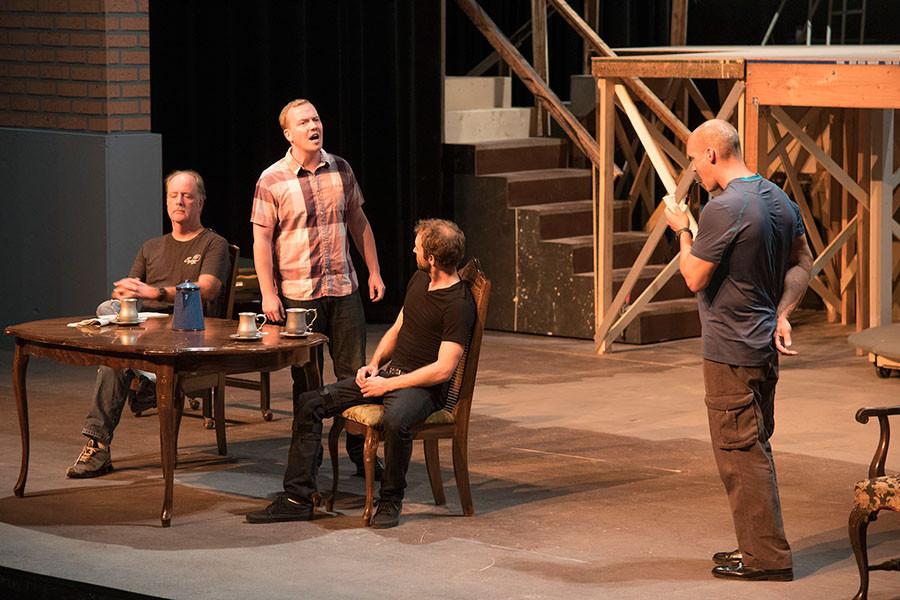 Student actors, from left, Jon Koons as Dr. Watson, George Coe as Dr. Mortimer, Josh Hershfield as Sir Henry Baskerville, and Brian Harwell as Sherlock Holmes rehearse for ‘The Hound of Baskervilles’ Oct. 5, in the Garvin Theatre, City College, Santa Barbara. ‘The Hound of Baskervilles’ is a major production this semester for the SBCC Theatre Group, opening at 7:30 p.m. Wednesday, Oct. 14 at the Garvin Theatre.