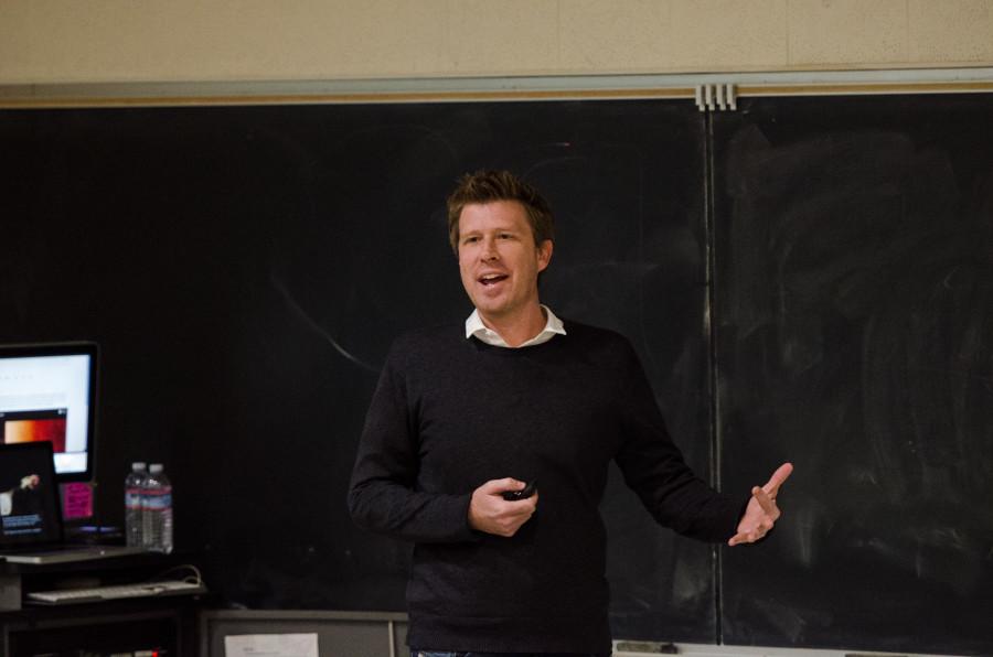 Andy Howell, a staff scientist at Las Cumbres Observatory Global Telescope Network and a part time physics instructor at UCSB, speaks on astronomy as a guest lecturer at City College on Thursday, Nov. 12, in the Physical Science Building on East Campus. The lecture comprised a part of his studies over the last 15 years on supernovae and dark energy. 'The best part about my job is being able to figure something out about the universe that no other human being has ever known,' Howell stated.