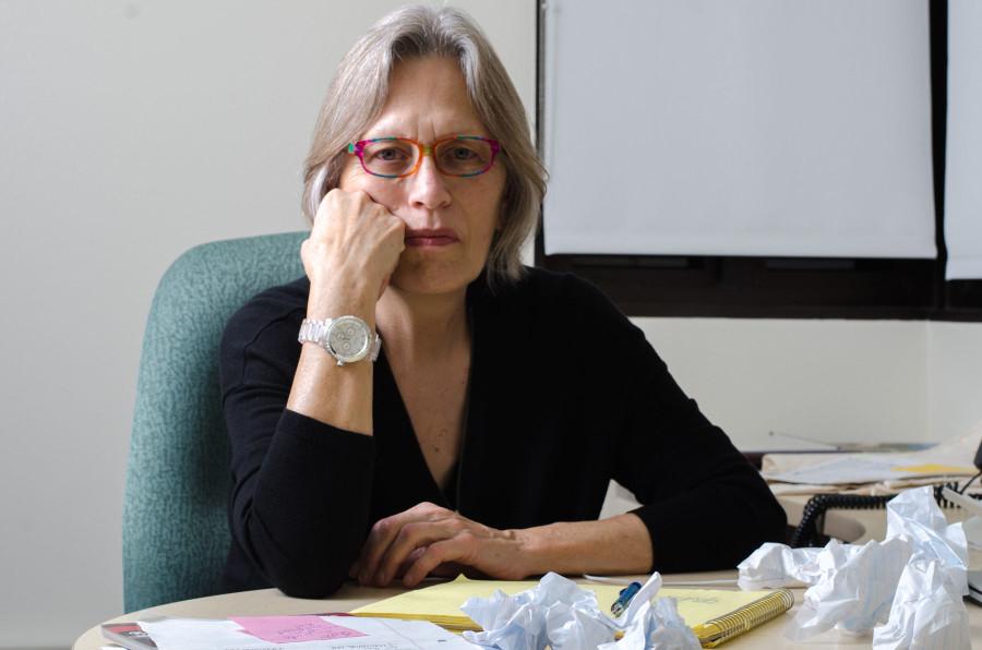 Chella Courington, author and English professor at City College, has recently published her novella ‘The Somewhat Sad Tale of the Pitcher and Crow,’ Tuesday, Nov. 10, 2015, pictured at her office in the Interdisciplinary Center on West Campus. The story, which shares some parallels to her own life, follows the escapades of two married writers, Tom and Adele, while they try and organize the living and creative space between them. Courington will be reading a piece from her novella on Wednesday, Nov. 18 in the Atkinson Gallery.