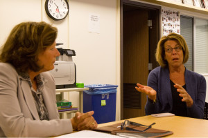 Public relations professional Sheri Benninghoven (left) of SAE Communications has been working with Lori Gaskin and Santa Barbara City College to improve the way the college communicates with the public, Wednesday, Nov. 18, in The Channels Newsroom on East Campus. Benninghoven is creating a plan based on research she has been conducting on campus and within the community since being hired in August 2015.