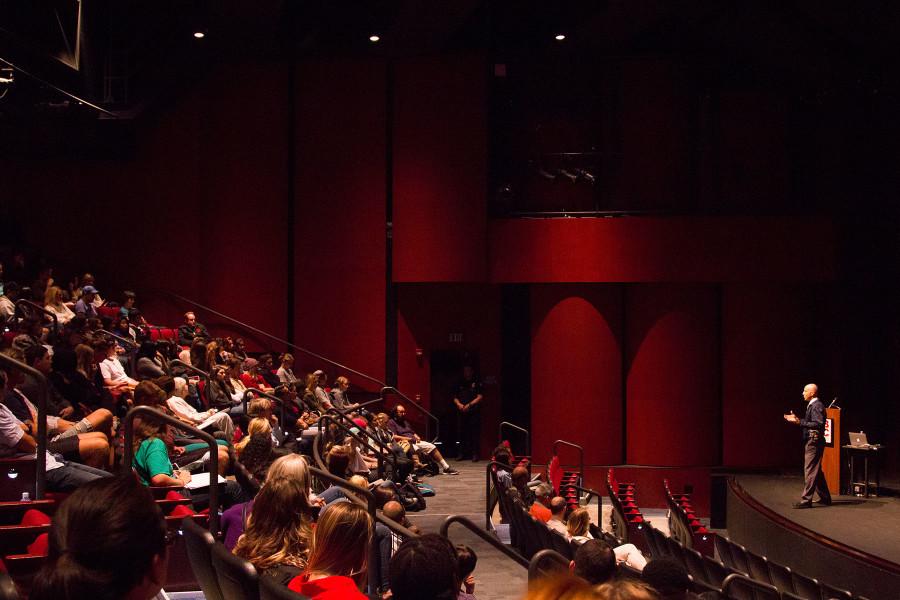 Sergeant Shawn Hill answers students questions at the ‘Active Shooter’ presentation, helping prepare them in case of an emergency situation with an on-campus shooter or assailant, Wednesday, Nov. 4, in the Garvin Theatre on West Campus. Sergeant Hill is adjunct faculty at City College, and has 15 years of experience in law enforcement and eight years of training with SWAT.