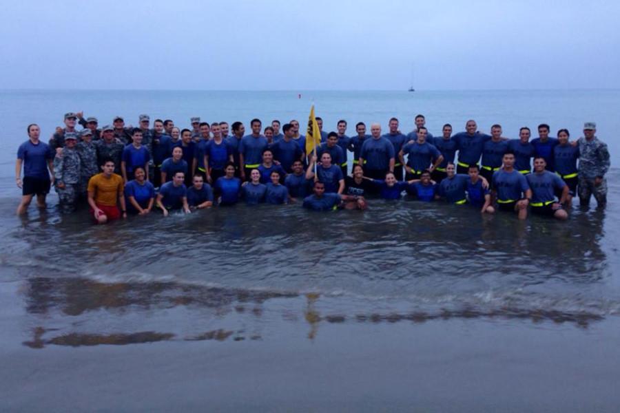 Students enrolled in the University of California, Santa Barbara Reserve Officer Training Corps, during beach physical training at Goleta Beach, 2014. Image courtesy of Cody Thompson, Santa Barbara City College sociology major who is dual enrolled in the UCSB program.