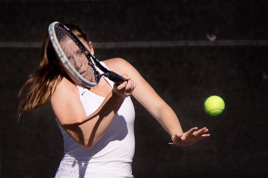 Tyler Bunderson of the City College Women’s Tennis team quickly returns the ball during the tennis match against the Santa Monica Corsairs at Pershing Park on Tuesday, Feb. 16. The Vaqueros won 9-0.