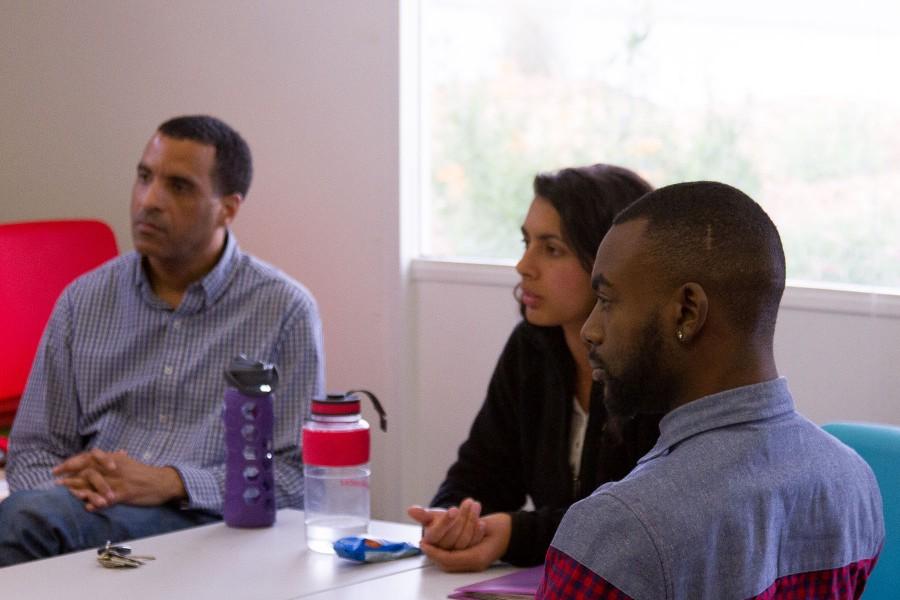 Santa Barbara City College’s, Black Student Union, held their second formal meeting today, Wednesday, Jan. 27. The Black Student Union officers, Jon Rodgers, Secretary of Affairs (foreground), President, Chiany Dri (middle), along with Administrative Assistant, Tim Stone (background), listen to discussions on the floor regarding the upcoming Club Day on campus and possible fund raising efforts.