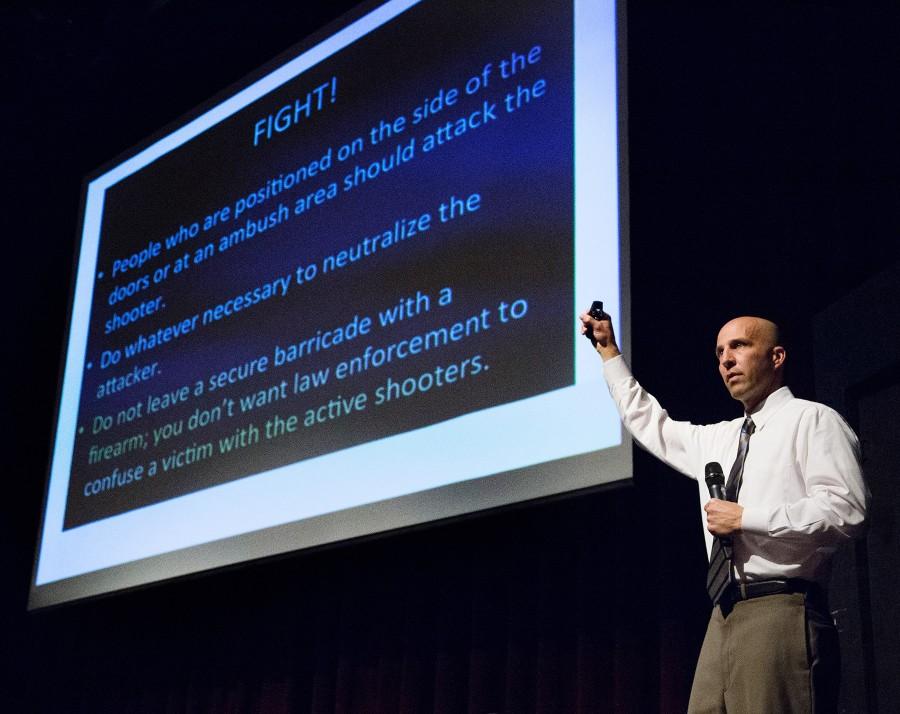 Sergeant Shawn Hill from the Santa Barbara Police Department educates students and faculty about active shooter trends and how to defend yourself at the Active Shooter presentation in the Garvin Theater on Tuesday, Feb. 2. Hill works as an Adjunct Faculty member in the Justice Studies program at City College and has been with law enforcement for 15 years, working eight years as a SWAT officer.