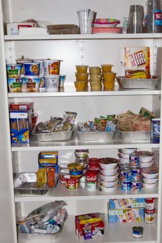 Collected and donated food sits in the pantry in Silvia Suayfeta-Cortezs office in the EOPS Center on the second floor of the Student Services Building on Feb. 17. Students who are eligible can collect food there whenever EOPS is open.