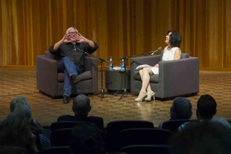 Marty Neumeier and Julie Samson, Scheinfeld Center executive director, discuss Neumeiers entrepreneur life Friday afternoon, Feb. 26, at the Fé Bland Forum. Neumeier is an author, consultant, and designer who began his career in graphic design.