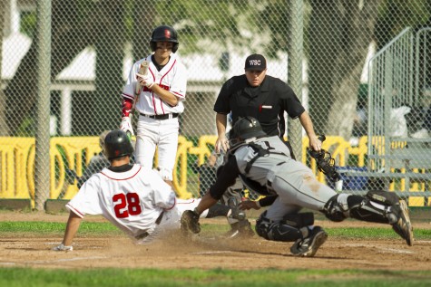 Tyler Rosen (No. 28) hit an RBI triple to get to third and scored on sacrifice fly by Nicolas Allman Tuesday afternoon, Feb. 23, at Pershing Park. Rosen slid underneath the tag at home plate giving the Vaqueros a 2-1 lead.