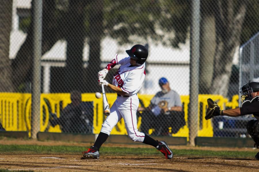 Michael Montpas lines out to right field on Tuesday afternoon, Feb. 23, at the Pershing Park. City College beat Moorpark, 6-2.