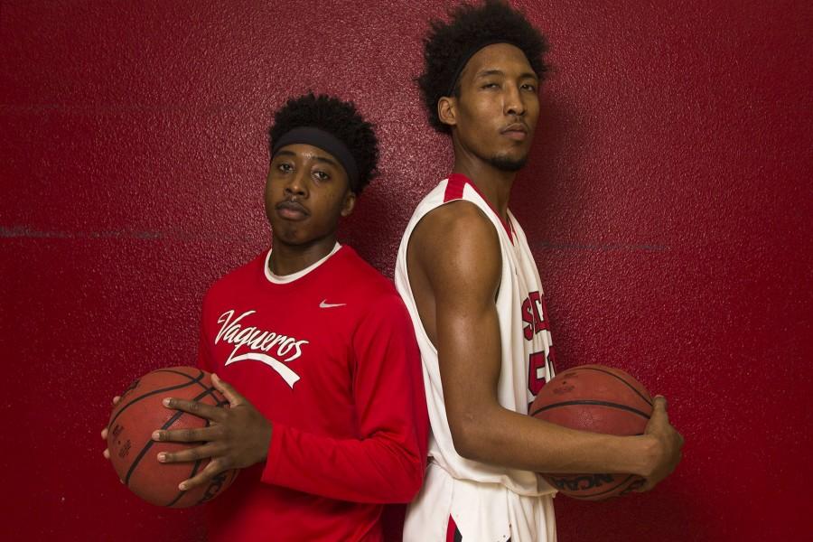 From left, freshman Tejon Williams and Evan Tillman lead the Vaquero’s men’s basketball team this season in points per game on Saturday, Feb. 20, in the Sports Pavilion. Williams averages 15.3 points per game and Tillman averages 15.5.