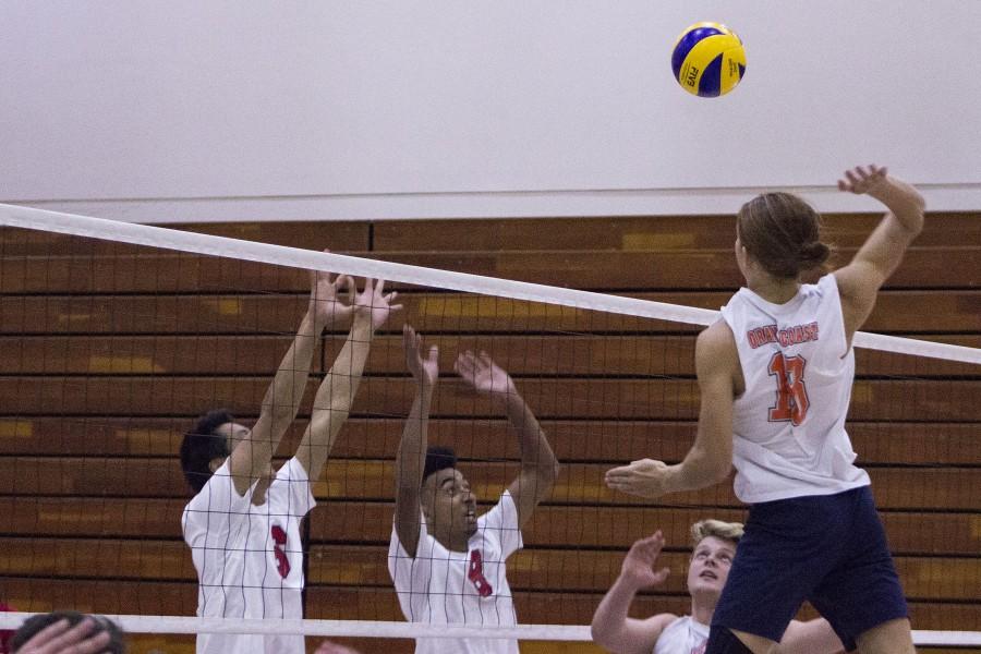 City college Vaqueros Matt Hall (left), and Haward Gomes (middle) unsuccessfully attempt to block Orange Coast College Pirate Will Donald’s (right) attack resulting in a kill for the pirates at 1 p.m. Saturday, Feb. 6, in the Sports Pavilion. The Vaqueros lost 0-3.