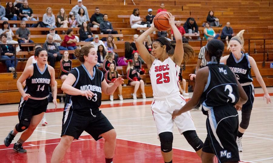 City College lady Vaquero, Destinee King (no. 25), looks for an opening against the Moorpark Raiders at the Sports Pavilion on Saturday, Feb. 13. The   Vaqueros lost 62-53.