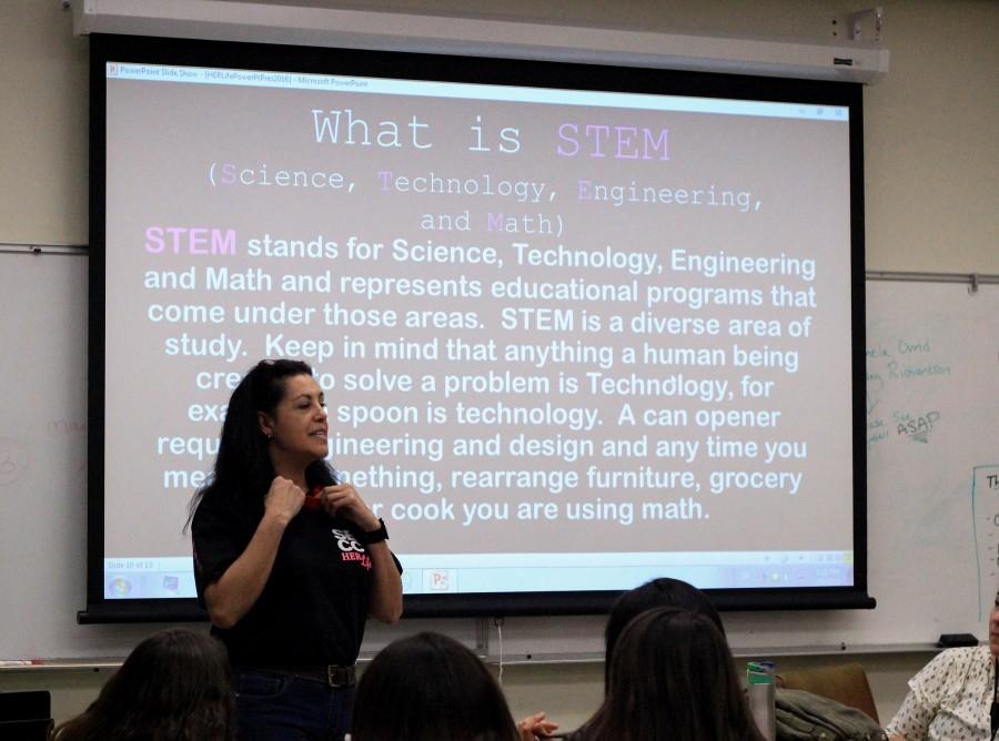 Michelle Gottwald, instructor at the School of Nursing at Santa Barbara City College, leads a game of bingo about the many career fields in Health and Human Services on Friday, Feb. 5, at the Garvin Theatre. The game was part of one of the workshops encourage young women to pursue an education and career in Science, Technology, Engineering, and Math.