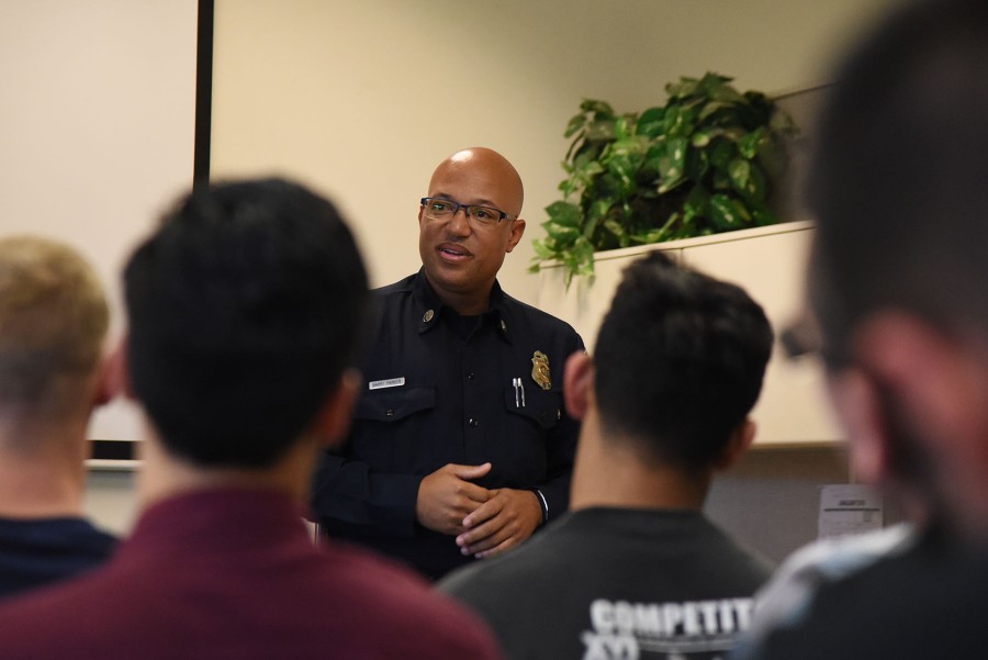 Ventura County Fire Department Captain Barry Parker describes some personal experiences from his firefighting career as well as what it takes to become a firefighter at a presentation in City College’s Schall Career Center on Wednesday, February 3.  Ventura County firefighters discussed their daily activities, testing procedures, personal experiences and fielded questions from the two-dozen attendees at the presentation.